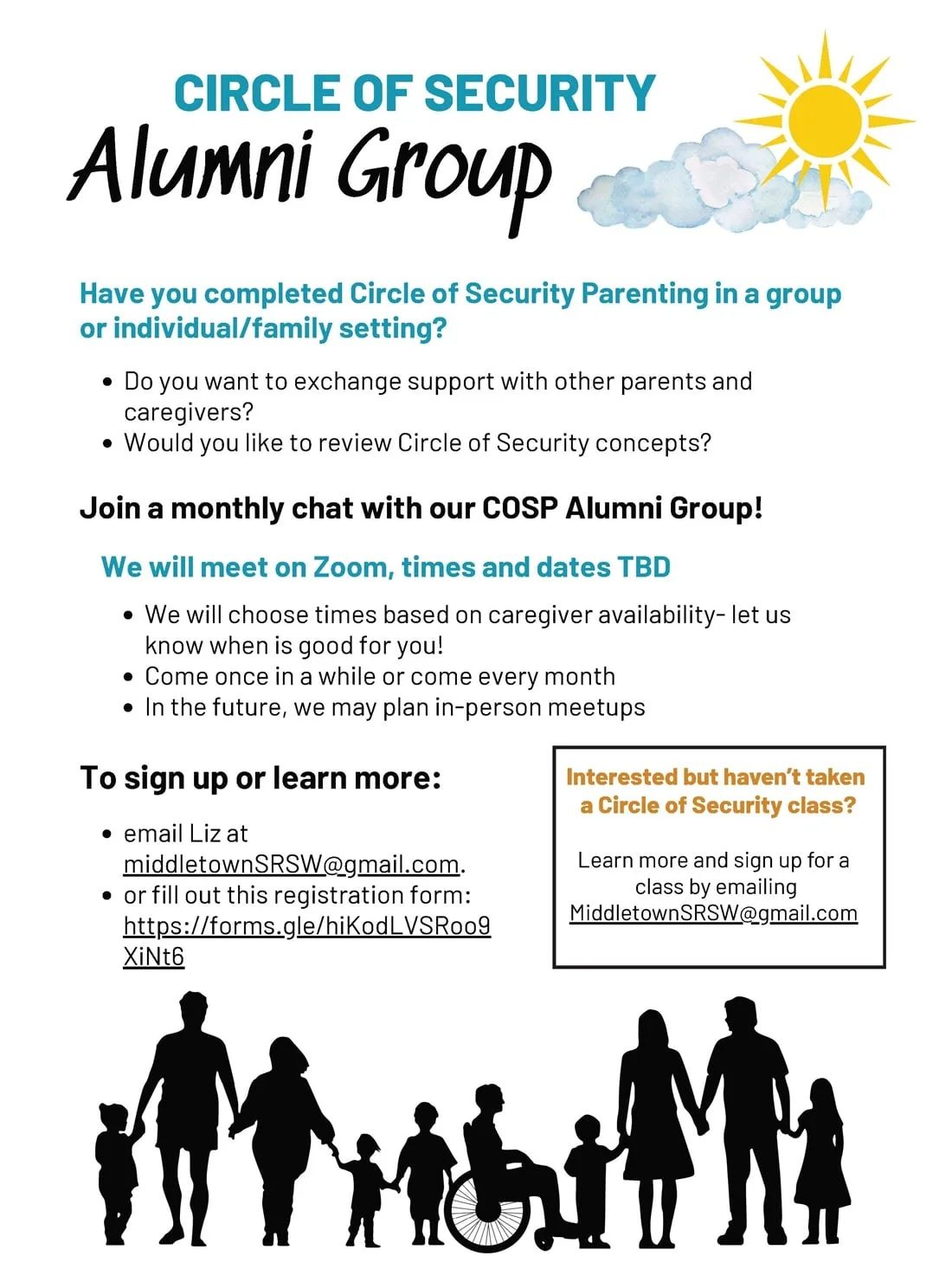 Flyer for the Circle of Security Alumni Group, a monthly Zoom chat for parents and caregivers who have completed Circle of Security Parenting, with sign-up via email to middletownSRSW@gmail.com.