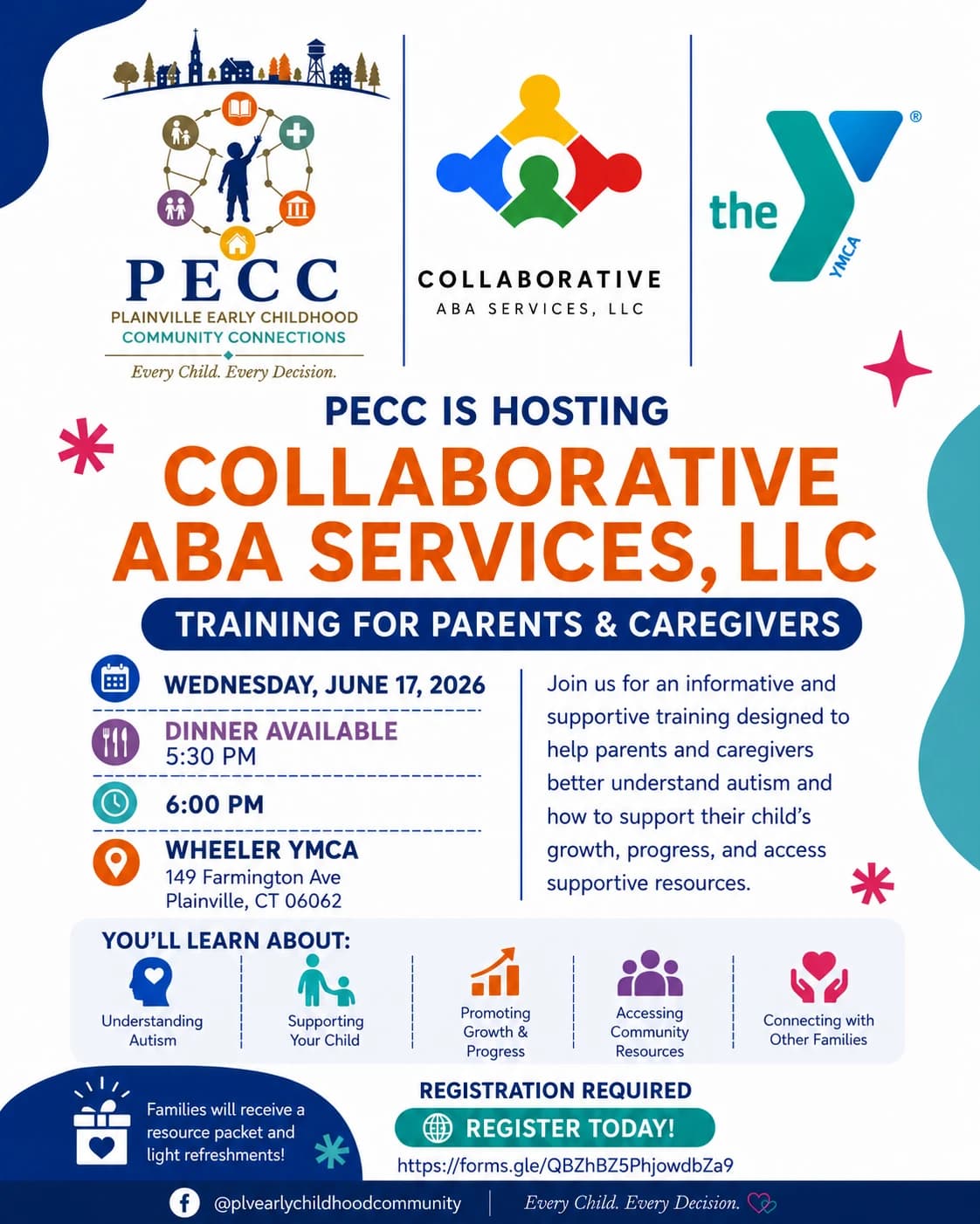 Flyer: PECC is Hosting Collaborative ABA Services Training for Parents & Caregivers, Wednesday June 17, 2026 at Wheeler YMCA, 149 Farmington Ave, Plainville. Dinner at 5:30 PM, presentation at 6:00 PM.