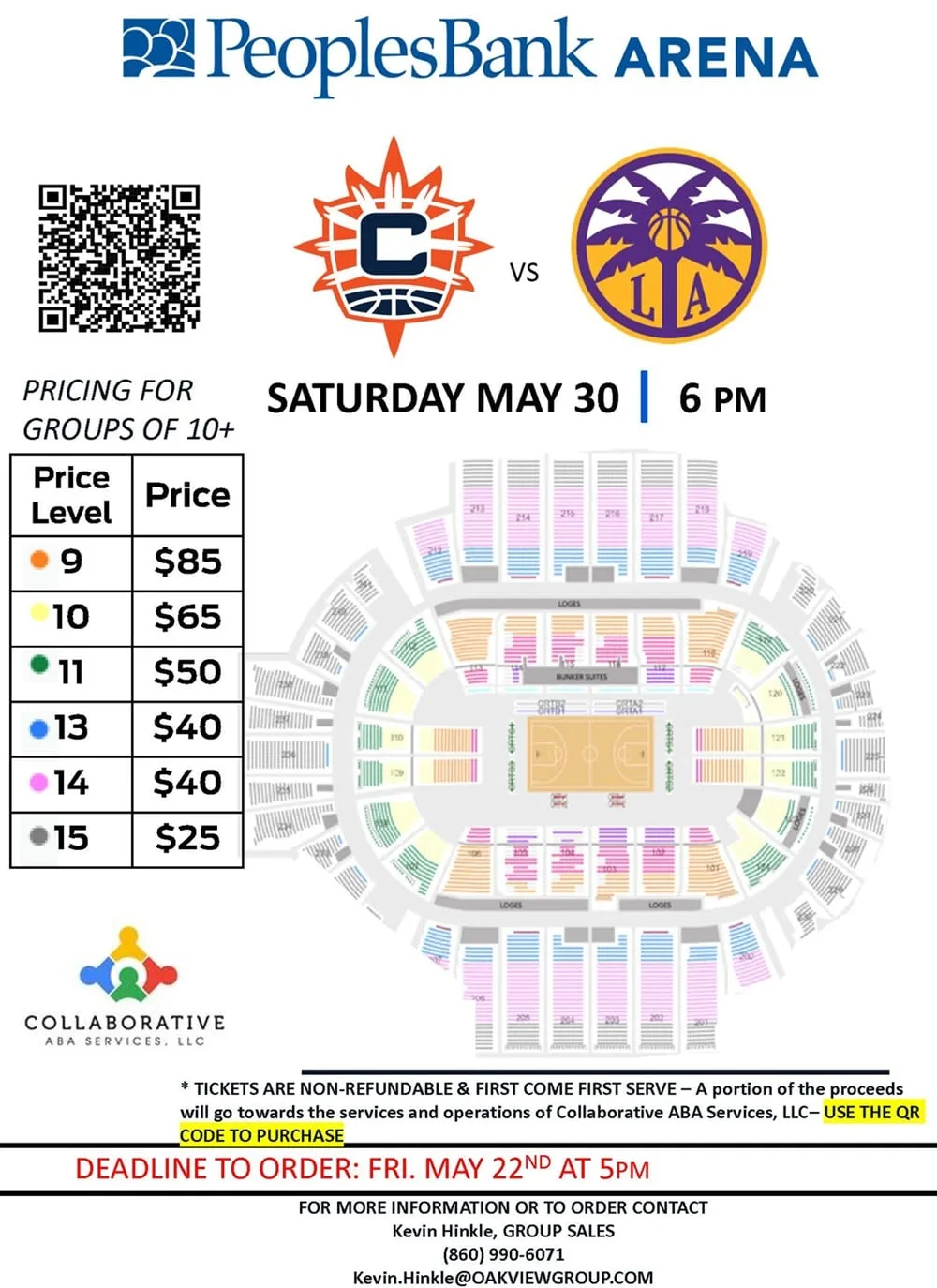 Fundraiser flyer for CT Sun versus LA at PeoplesBank Arena on Saturday May 30 at 6 PM, with group pricing for 10 or more attendees and proceeds benefiting Collaborative ABA Services.