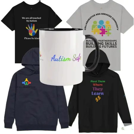 Collaborative ABA Services merchandise: t-shirts, hoodies, and a mug featuring Autism-related designs